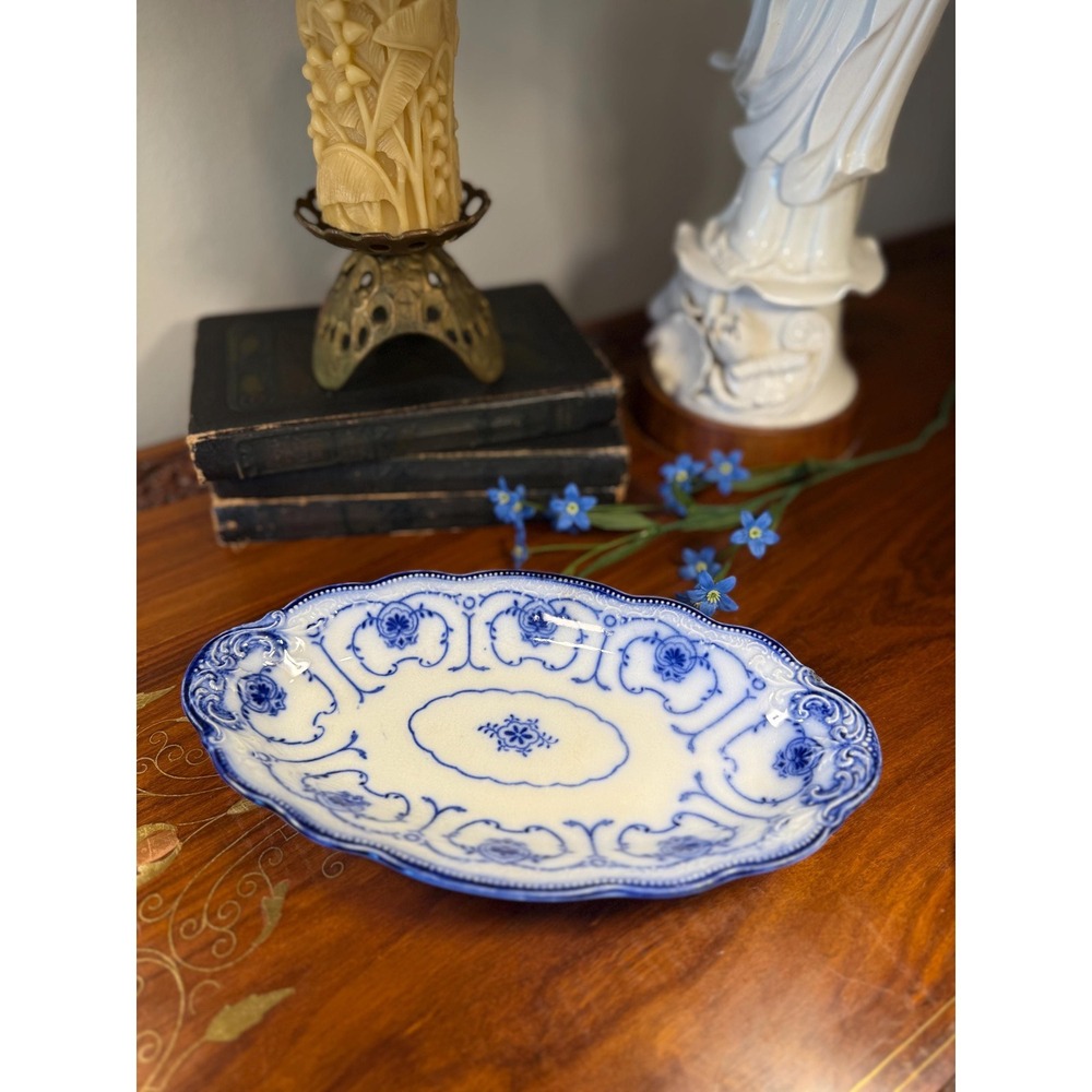 Antique W.H. Grindley Beaufort Flow Blue Dish • Oval Vanity Tray